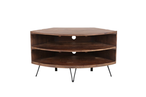 Fan Shape Reclaimed Wood Corner Media Table for Living Room Wise Use Your Space