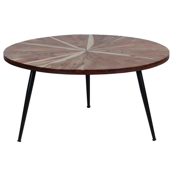 31 Inch Round Mango Wood Coffee Table, Sunburst Design, Tapered Iron Legs, Brown, Black