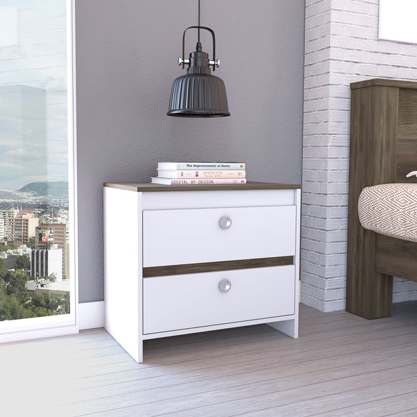 2-Drawer Nightstand White and Dark Brown