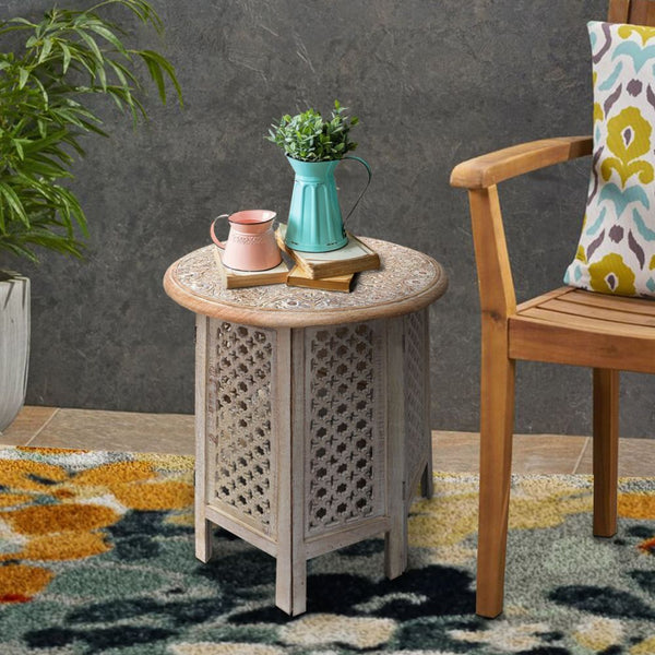 Mesh Cut Out Carved Mango Wood Octagonal Folding Table with Round Top, Antique White and Brown