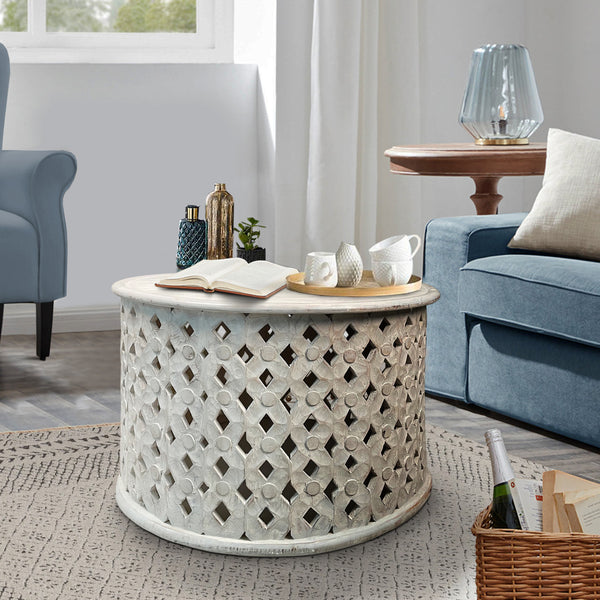 28 Inch Artisanal Round Mango Wood Coffee Table, Intricate Diamond Lattice Cut Out Frame, Washed White