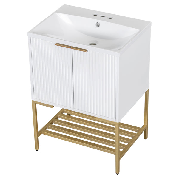 24" Bathroom Vanity with Sink, Two Doors and Gold Metal Frame, Open Storage Shelf, White