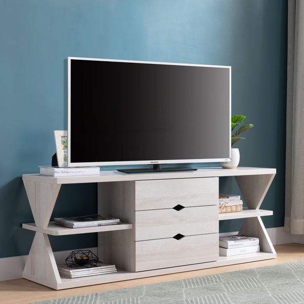 Modern TV Stand with Four Open Shelves and Three Storage Drawers - White Oak