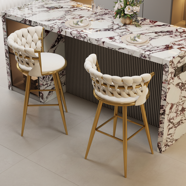 Gold  Bar chairs Set of 2, Counter Height Bar Stools with Low Back,  for Kitchen Island, Bar Pub (Beige gold foot )