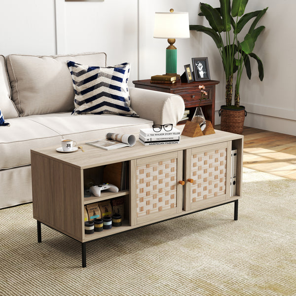 Elegant Veener Weaving Design Coffee Table with 4 Sliding Door, Wooden Center Rectangular Table with Symmetrical Design Storage Cabinet