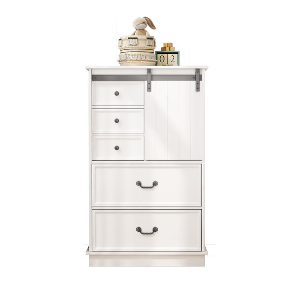 51'' Farmhouse Drawer Chest with Sliding Door, Multi-Storage Drawer Dresser with 5 Drawers and Storage Shelf