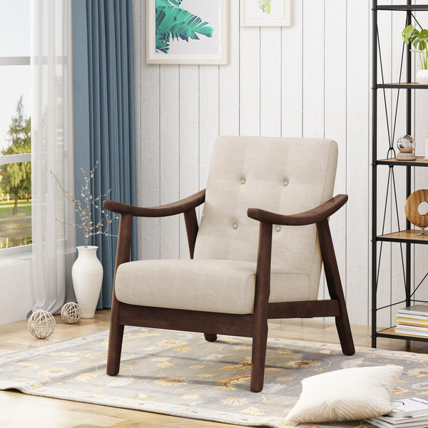 Mid-Century Modern Accent Chair, Tufted Armchair with Beige Upholstery and Brown Frame, 1-Piece