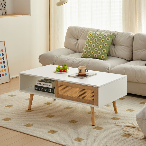 41.34quot; Rattan Coffee table, sliding door for storage, solid wood legs, Modern table  for living room ,White