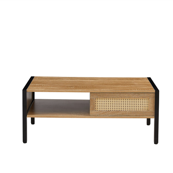 Rattan Coffee table, sliding door for storage, metal legs, Modern table  for living room , natural,White