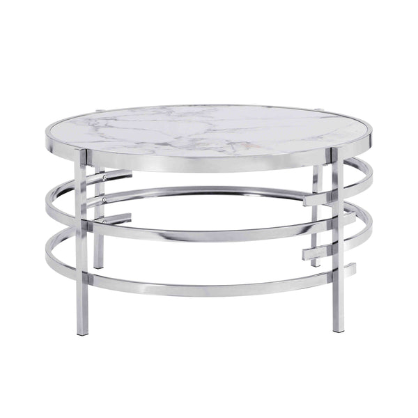 32.48''Chrome Round  Coffee Table With Sintered Stone Top&amp;Sturdy Metal Frame, Modern Coffee Table for Living Room, Silver,Golden,Gray