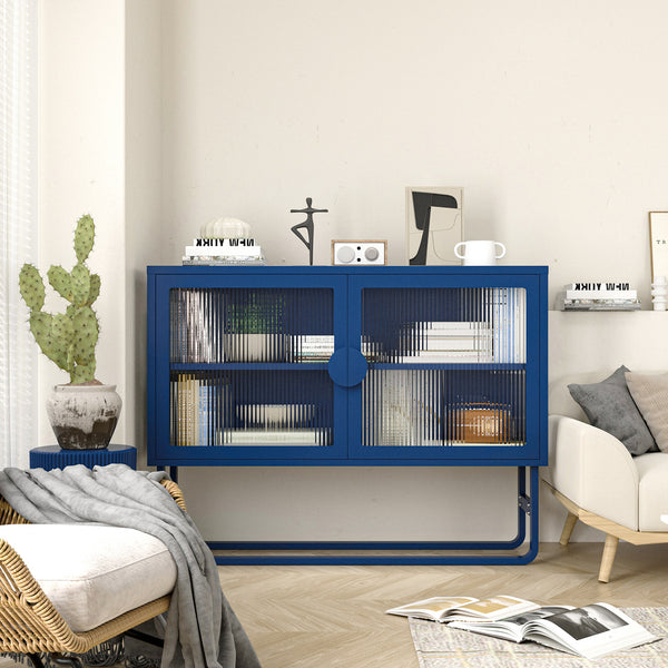 Stylish Tempered Glass Cabinet Credenza with 2 Fluted Glass Doors for Kitchen Living Room Black/ Blue/ White/Light Green